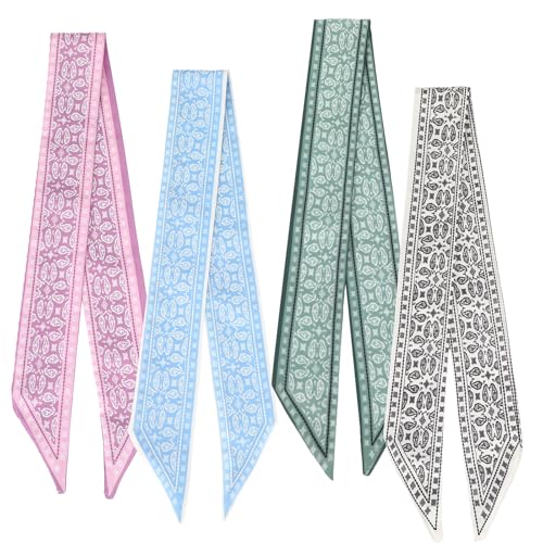 Multifunctional Boho Scarves, 4pcs Narrow Neck Scarf Band Women, Handbags Skinny Twill Hair Scarves, Satin Head Scarf for Women, Suitable for Wallets Handbag Handles