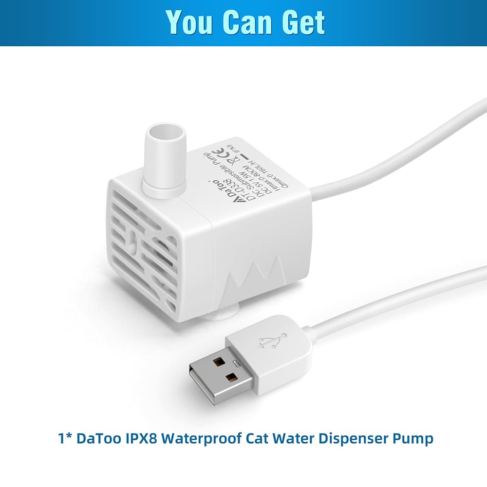 DaToo Bomba de fuente de agua para gatos, ultrasilenciosa, USB, 5 V, sumergible, para mascotas, bomba de repuesto IPX8, impermeable, dispensador de agua para gatos