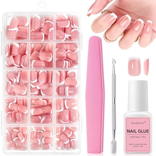 Soodyoow 240 Pièces Faux Ongles, 12 Tailles Capsules Ongles, Capsule Ongle, Faux Ongles Court, Kit Faux Ongles avec Colle à Ongles, Lime à Ongles, Repousse-Cuticules, pour DIY Manucure Salon
