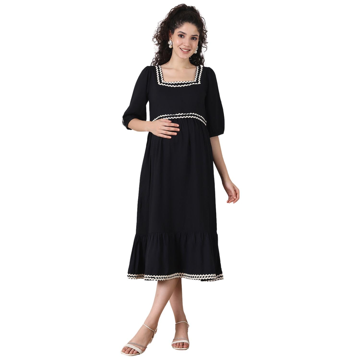 Solid Rayon Maternity Dress/Calf Length/Square-Neck/Breastfeeding Dress for Mothers/Zipper Feeding Wear-image-32