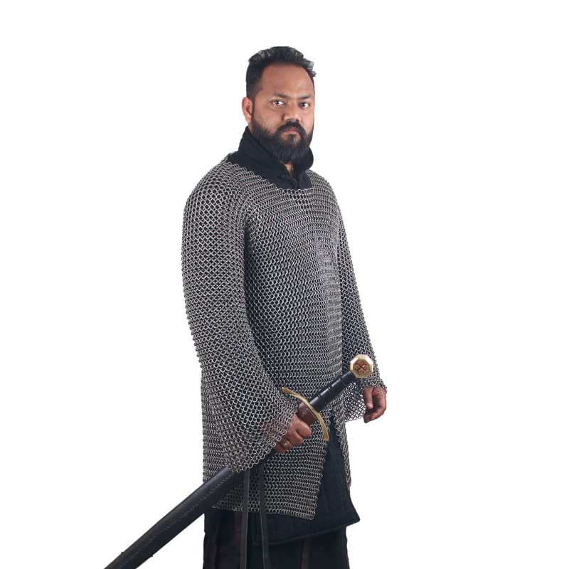 THE MEDIEVALS 10 MM ID Butted Chainmail Hauberk Full Sleeve Shirt Mild Steel - Natural Oiled Finish, XX-Large
