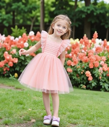 Tutu.kk Toddler Girl Tulle Dress Ruffled Sleeve Girls Smocked Dresses for Birthday Party, Wedding2