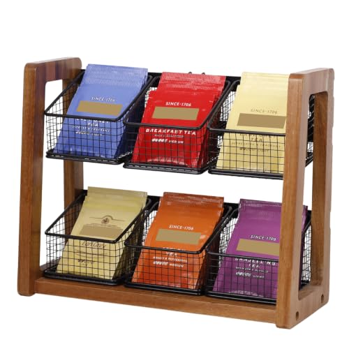 HTB 2 Tier Tea Organizer for Tea Bags with 6 Removable Metal Baskets | Acacia Wood Tea Bag Holder for Sugar Packets, Sweeteners, Creamers,Tea Bag Box Caddy for Cabinet, Counter,Office Wall-mounted