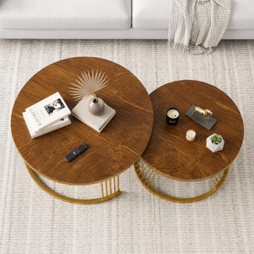 Image of NEST NATURE HAVEN Round Coffee Table, Modern Nestings Table Set of 2, Sofa Side Table with Marble Veneer Top and Metal Frame, End Table for Living Room Bedroom Home or Office (Golden Brown)
