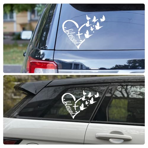 Image of Blessed Cross & Butterfly Heart Decal- 8.6 inchx7.5 inch Inspirational Faith Waterproof Vinyl Sticker for Car, Truck, Window, Bumper, Laptop, Wall (Heart-White)