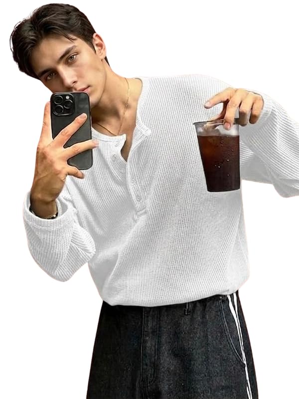 Image of Imsa Moda Men's Textured Fabric Half-Open Collar T-Shirt | Full Sleeve Casual T-Shirt for Men