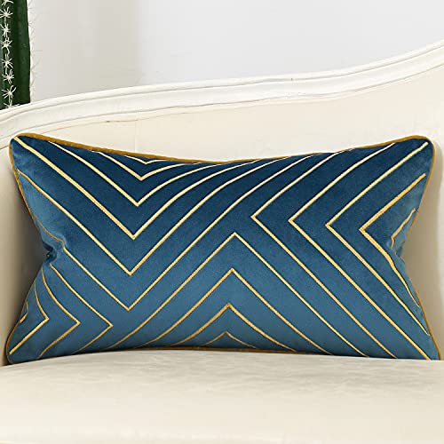 Avigers 12 X 20 Inch Light Blue Gold Striped Geometric Lines Embroidery Velvet Cushion Case Luxury Modern Lumbar Throw Pillow Cover Decorative Pillow For Couch Living Room Bedroom Car 30 X 50Cm cover