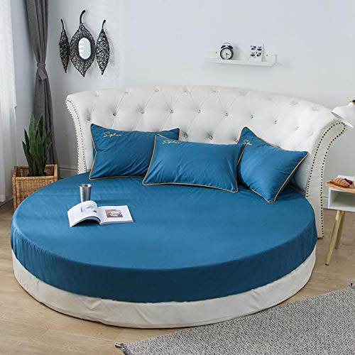 Drap de lit Doux Coton Drap Housse Rond Couleur Unie Couvre-lit Rond Ensemble de literie Housse de Matelas surmatelas Drap de lit Doux 250x250cm Bleu lac