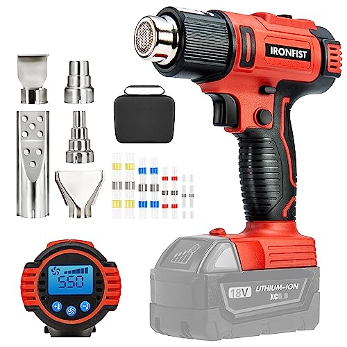 IRONFIST Heat Gun Cordless for Milwaukee M18 Battery, Welding Hot Air Gun with Digital Display 2-Temp Setting & 6 Gear Wind Speed Adjustable with Storage bag & 5 Nozzles (Battery NOT Included)