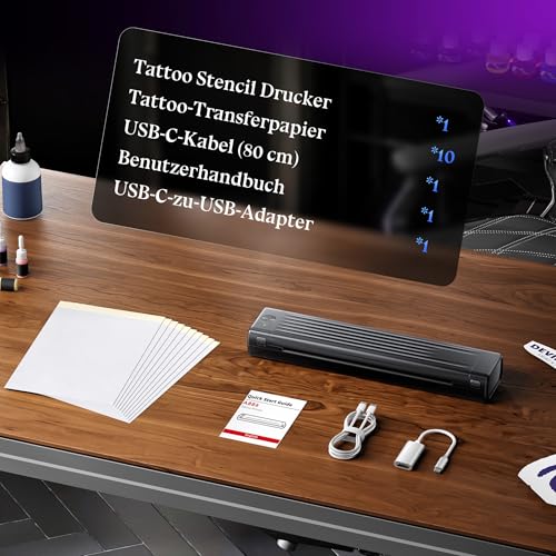Itari A886 Tattoo Stencil Drucker Bluetooth, Schablone Drucker Übertragungskits Kompatibel mit Smartphone & PC, Thermodrucker Tattoo Maschine mit 10 Blätter Papier für Anfänger und Künstler, Schwarz