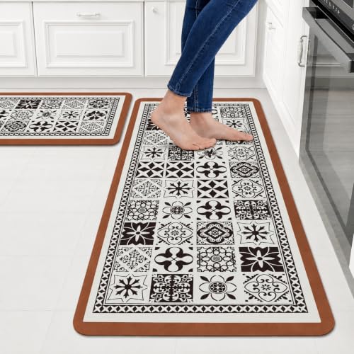 Image of Amazon Brand - Solimo Silicone Kitchen & Bath Mat (Pack of 2) | Black and white with natural wood colored border| Anti-Fatigue Comfort Foam | Waterproof & Anti-Slip | 60 x 40 cm & 40 x 120 cm| Quick-Dry & Easy Clean