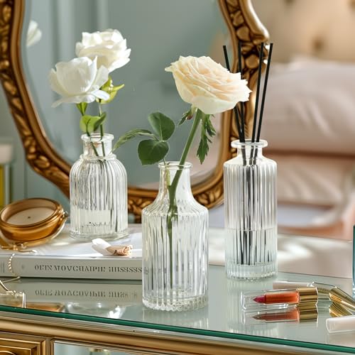 image for ComSaf Glass Bud Vases Set of 3, Small Flower Vases in Bulk, Mini Ribb