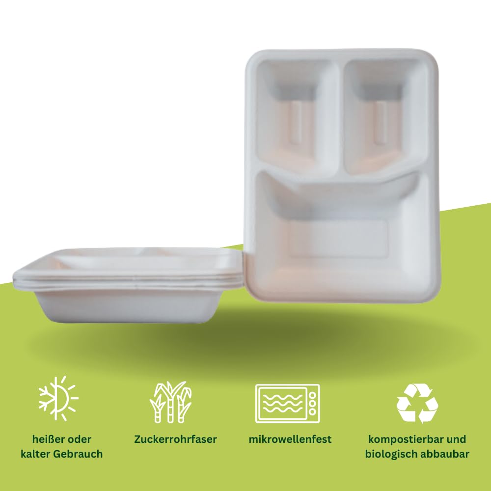 100 x Bio Menüboxen, 3-geteilt Snackboxen Foodbox XXL weiß Bagasse/Zuckerrohr nachhaltige Einwegboxen - Teller, Salatschale (24 cm X 18 cm X 5 cm in tiefe) kompostierbar