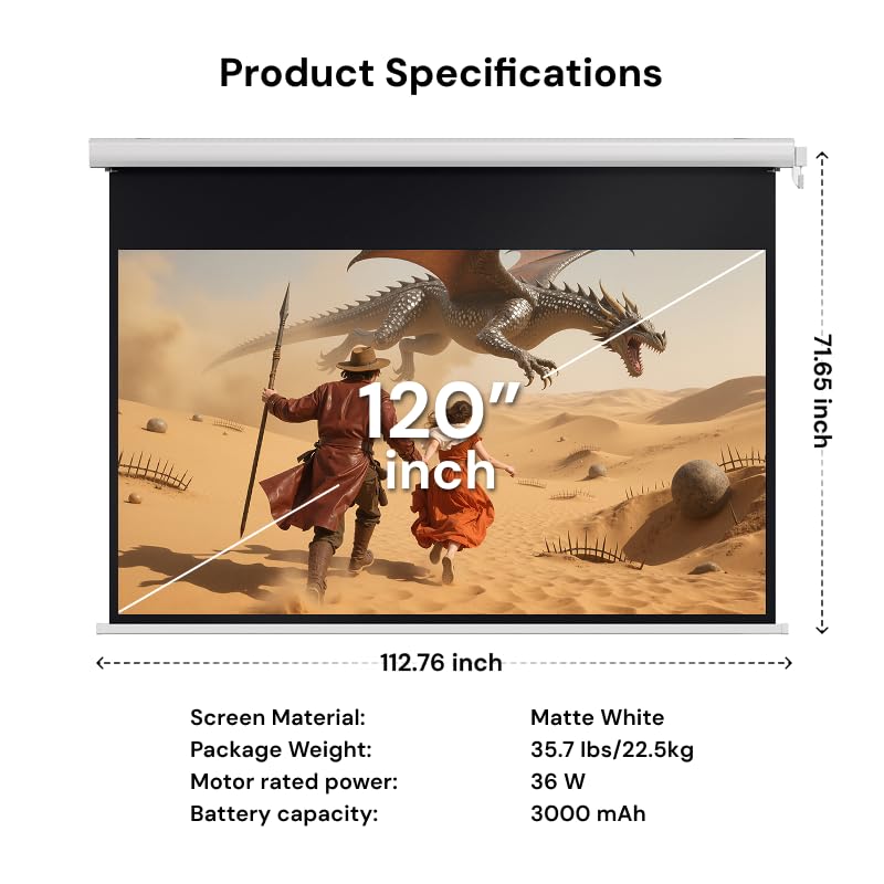 AWOL Valerion 120" Motorized Projector Screen, Rechargeable Outdoor Waterproof Drop-Down Screen, 2 Recharges Yearly, 4K/8K Ultra HD, Wrinkle-Free, for Theater-Grade Home & Backyard Movie Night - image 8