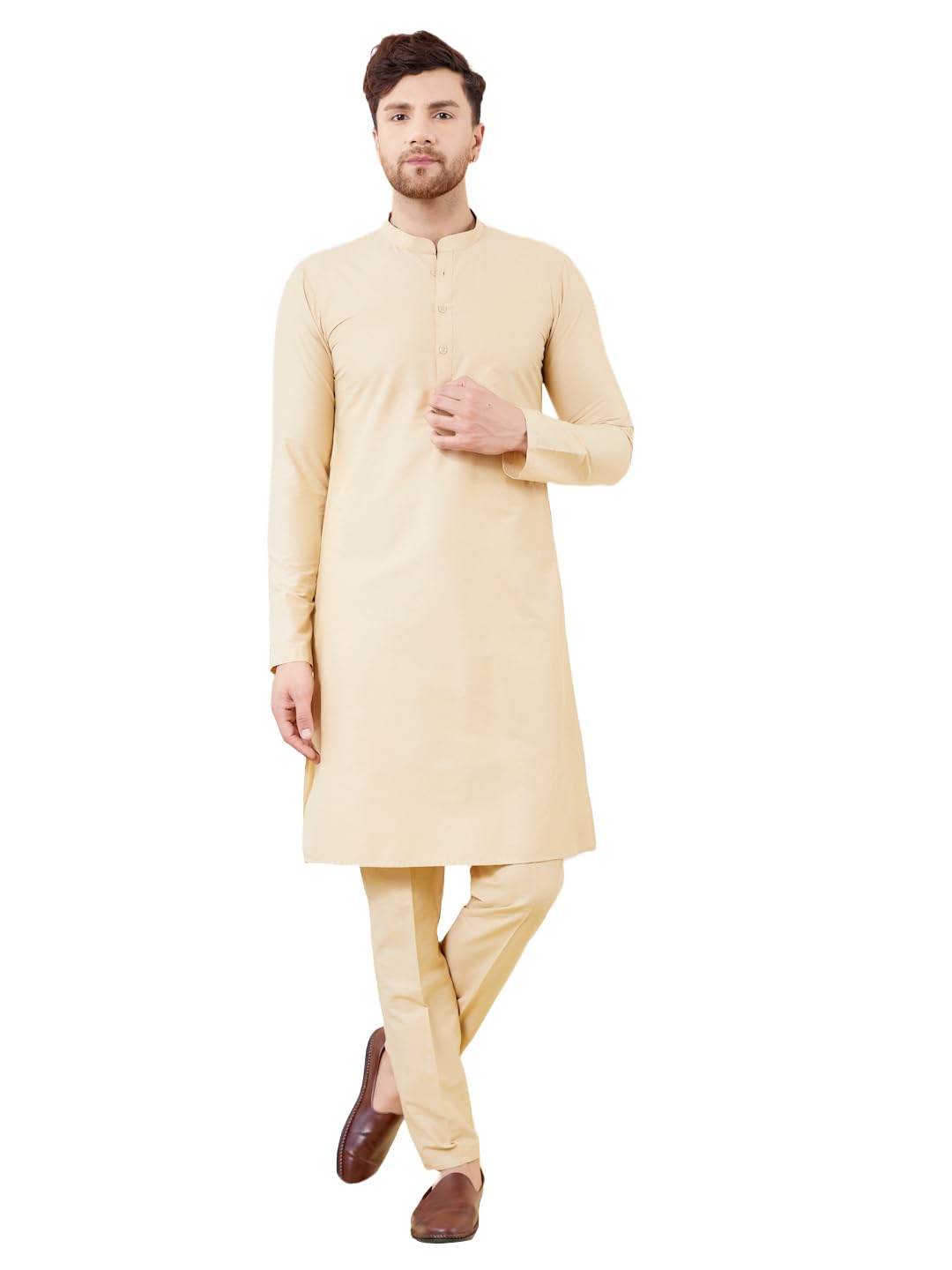 see designs Men Full Sleeve Mandarin Collar Side Slit Cotton Solid Straight Kurta with Matching Pyjama-picture-26