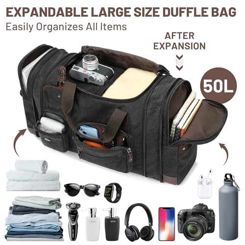 Travel Duffle Bag for Men, Duffle Bag for Travel, Heavy Duty Canvas Duffle, Carryon Bags for Airplanes, Expandable Vintage Overnight Luggage Weekender Bag, Waterproof Anti-tear Travel Bag4