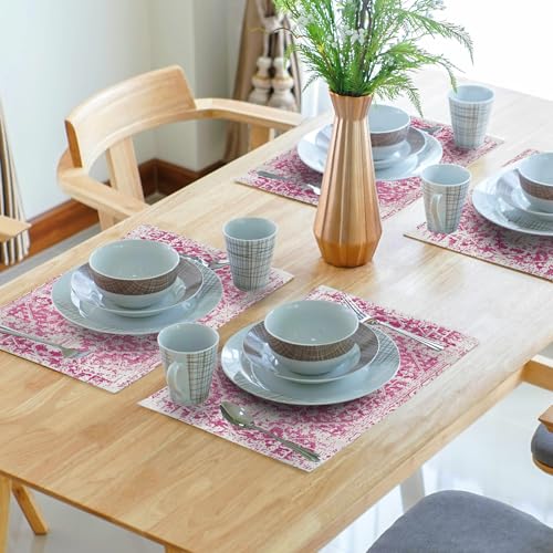 Image of Gray Hot Pink Boho Placemats Set of 4 Ethnic Bohemian Carpet Place Mats Washable Kitchen Dining Vintage Grey Geography Floral Linen Table Mats Stain Heat-Resistant for Home Party Indoor 12x18 in