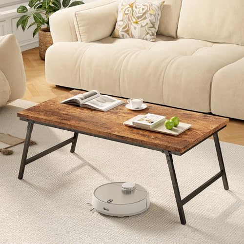 OCTORO Mesa de Centro Plegable, Mesa Baja Pequeña, Patas con Hebilla Fija, 80 cm, No Requiere Montaje, Mesa Auxiliar de Madera para Sofá, Muebles de Salón, Dormitorio, Marrón Vintage