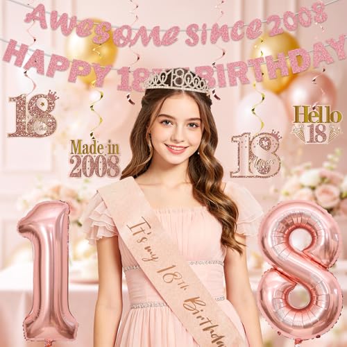 Image of Zirtorei 18th Birthday Decorations Kit for Girls Women, 22pcs Pink Rose Gold Happy 18th Birthday Balloons Banner Party Supplies, Awesome Since 2008 18 Year Bday Crown Sash Hanging Swirls Gifts