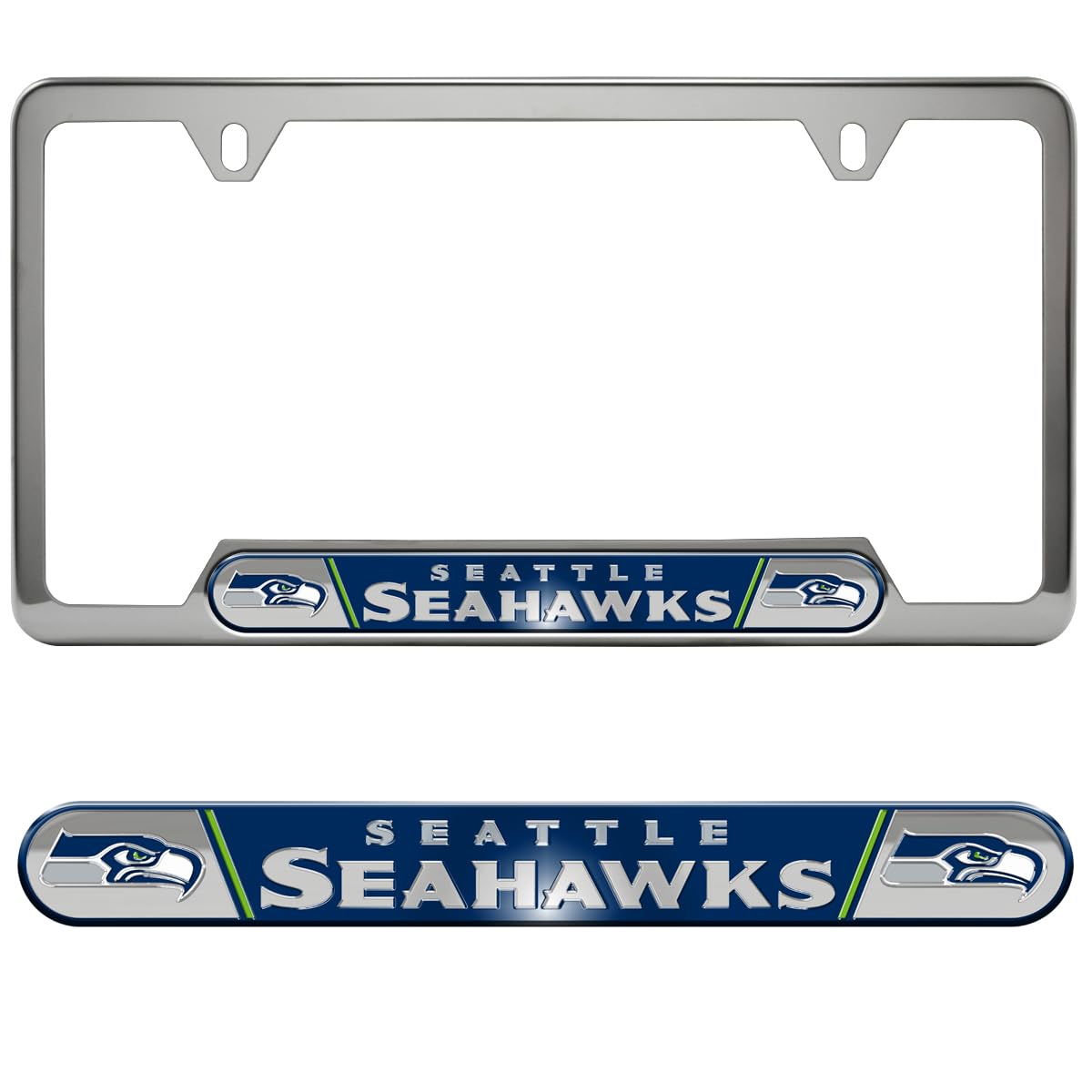 FANMATS 61967 Seattle Seahawks Embossed License Plate Frame, Stainless Steel Frame with Stamped Aluminum Team Logo Inserts, 6.25in x 12.25in