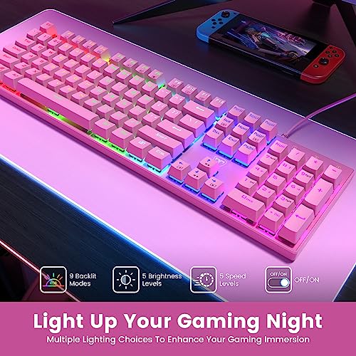 Image of RisoPhy Mechanical Gaming Keyboard, RGB 104 Keys Ultra-Slim Backlit USB Wired Keyboard with Blue Switch, Durable ABS Keycap /Anti-Ghosting /Spill-Resistant Mechanical Keyboards for PC Mac Xbox Game,Pink
