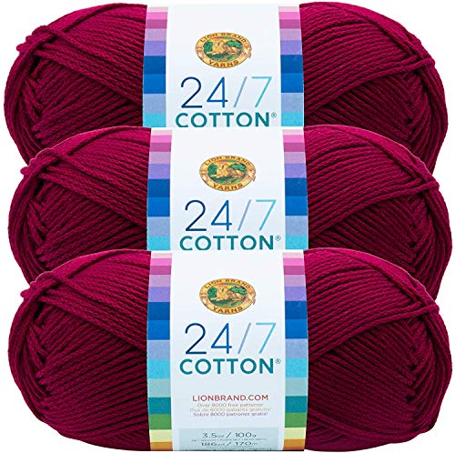 Image of Lion Brand 24 /7 Cotton Yarn, Lightweight Yarn for Knitting, Crocheting, and Crafts, Magenta, 3 Pack | Light Worsted 100% Mercerized Cotton Yarn for Crochet, Knitting, Craft, 185 Yards of Natural Fiber for Tees, Bags, Dishcloths