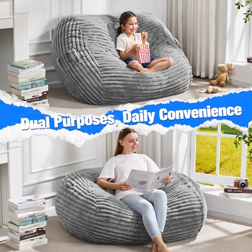 Image of Hobestluk 3FT Bean Bag Chairs Adult Bean Bag with Portable Handle Comfy Large Bean Bag Chair with Removable Cover for Living Room Bedroom or Reading Nook (Stripe Grey, 3FT)