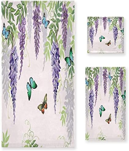 ALAZA Nature Tropical Japanese Flowers Butterflies Wisteria Bath Towel Set Luxury Decorative Set of 3, 1 Bath Towel 1 Hand Towel 1 Washcloth Soft Multipurpose for for Bathroom Hotel Gym Yoga Spa
