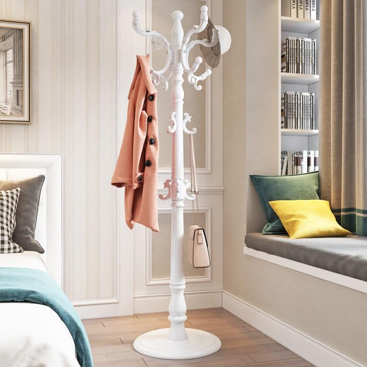 Wooden Coat Rack Stand,Coat Tree Freestanding Heavy Duty Freestanding with Hooks and Round Base,Vintage Hall Tree Standing Coat Rack for Clothes Hat