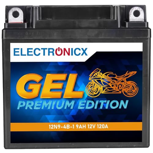 Electronicx, GEL, Motorradbatterie 12N9-4B-1 12V 9Ah 120A, Starterbatterie wartungsfrei, versiegelt, auslaufsicher, kompakt und vibrationsfest - Ideal für Roller, Quad, Motorrad - Ersetzt:YB9-B NB9-B.