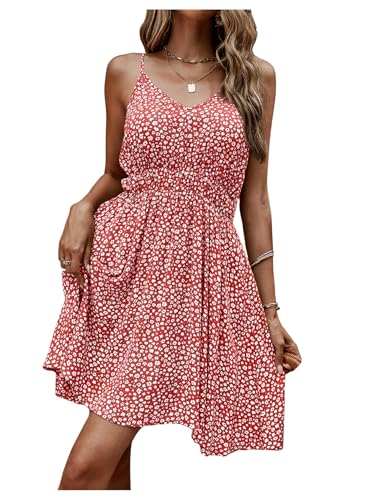 Image of SweatyRocks Women's Boho Floral Print Spaghetti Strap Cami Dress Casual Flare Short Dresses Rose Red M