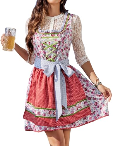 Zeagoo Traditionelles Dirndl aus Exklusiver Kollektion Midi Kleider Oktoberfest inkl. Dirndlschürze Rose XL