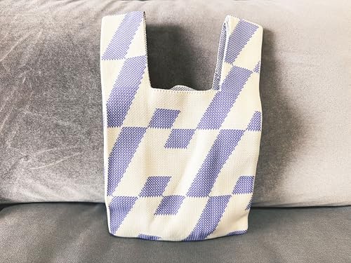 Image of Knot Bag, Mini Knit Tote Bag, Extra Thickened Japanese Knot Bag, Wristlet Handbag, Aesthetic Crochet - 2Pcs Pink Check & Purple Check(Very Small)