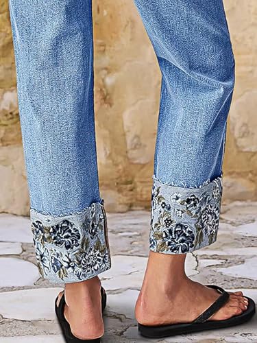 Flamingals Women's Mid Rise Straight Leg Roll Hem Floral Embroidery Bohemian Denim Crop Jeans3