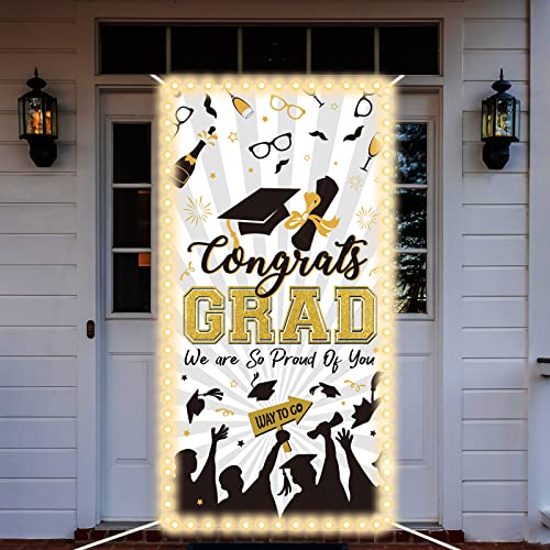 Image of 2024 Graduation Banner with Led-Light Strips Decor Congrats Grad Door Cover Banner Large Fabric Graduation Party Door Sign for Indoor Outdoor Photography Background Decorations 71 x 36 Inch (White)