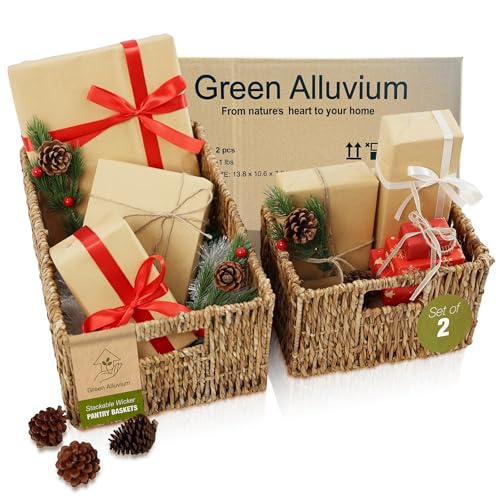 GREEN ALLUVIUM Wicker Basket Set – Stackable Storage Bins for Organizing Pantry & Kitchen – 1 Medium Basket + 1 Small Baskets with Handle – Wicker Storage Baskets for Shelves & More