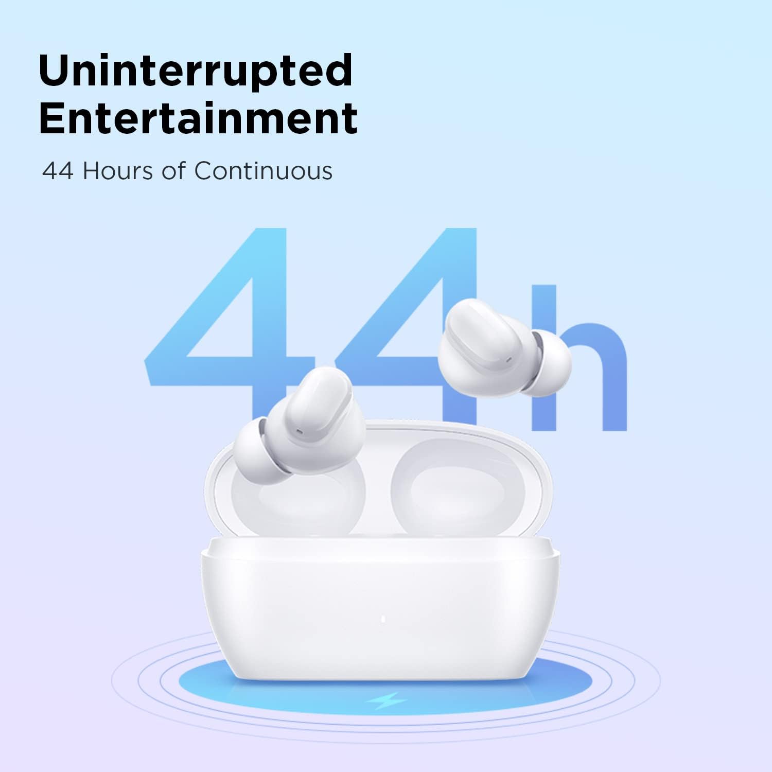 ภาพประกอบแสดงให้เห็นว่าหูฟังและเคสชาร์จสามารถใช้งานต่อเนื่องได้นานถึง 44 ชั่วโมง