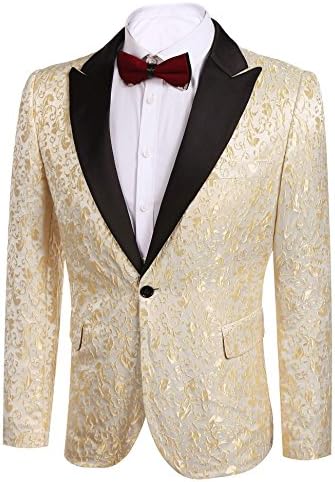 Donet Men's Floral Party Dress Suit Notched Lapel Stylish Dinner Jacket Wedding Blazer Prom Tuxedo Gold XX-Large