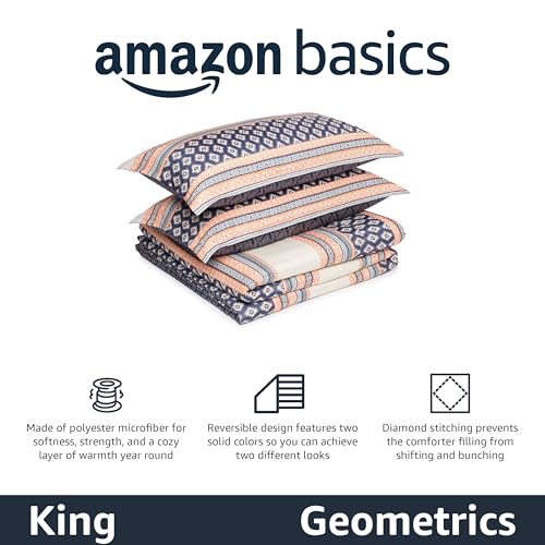 Image of Amazon Basics Lightweight Microfiber Comforter Set, 3-Piece, Gray Geometrics, King