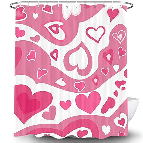 Uokiuki Cute Pink Aesthetic Valentine's Day Shower Curtain Pink Hearts Hippie Shower Curtain Set, Vintage Abstract Art Fabric Boho Shower Curtain Retro Minimal Bathroom Decor With 12Pcs Hooks 70X70 #TOP1