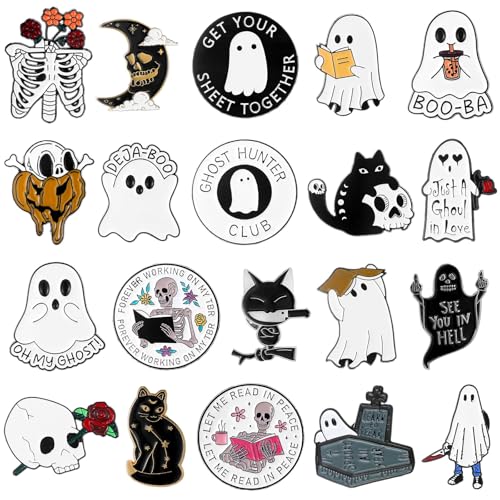Sasylvia 20 Pcs Halloween Pins Skull Spooky Skeleton Horror Dark Goth Ghost Brooch Pins for Women Men Bag Jacket Backpack Hat Pant Clothes Accessories (Black Cat)