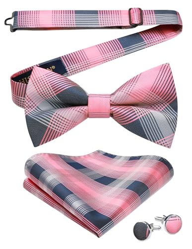 Image of HISDERN Mens Plaid Bow Tie Set Pocket Square and Cufflinks Bowtie | Pretied Bowties Design for Easy Wear,Check Pattern,Matching Handkerchief Cuff Link,3PCS Set Wedding Formal Party Groom Prom