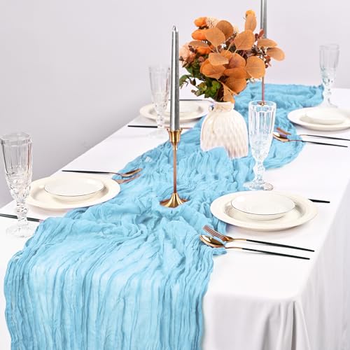 Camino de mesa de gasa azul claro, 35 x 120 pulgadas, 2 paquetes de camino de mesa de gasa rústica de 35 x 120 pulgadas, camino de mesa de tela de gasa transparente para bodas, fiestas de cumpleaños