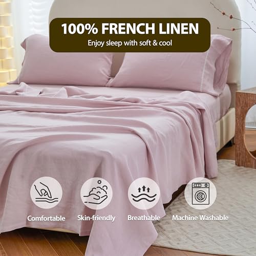 Parure de lit rose en lin délavé 4 pcs pour chambre romantique - 4
