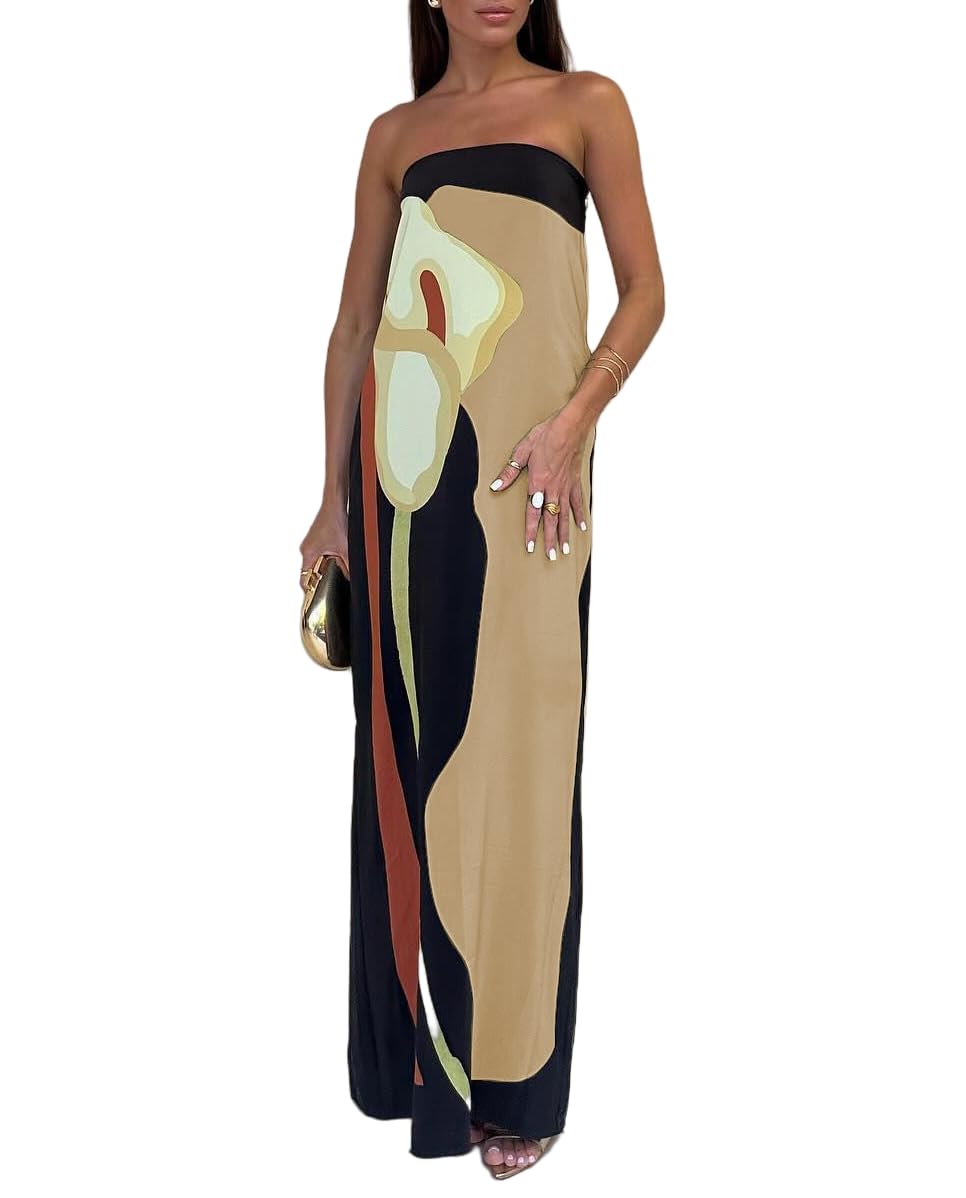 ThiCc Women's Boho Tube Top Maxi Dress - Sexy Summer Backless Strapless Sleeveless Off Shoulder Floral Printed Bodycon Slim Dresses Y2K Streetwear Robes for Party Cocktail (S,Khaki)