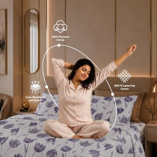 Image of Jaipur Weaves Cotton Linen Feel King Size Bedsheet 108x108 Super King, 100% Pure Cotton Bed Sheet with 2 Pillow Covers, 300 TC Soft Breathable Floral Design Bedding -(Tulips Purple,Super King)