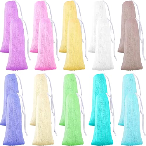 Trounistro 20 Pack Exfoliating Mesh Soap Pouch Soap Saver Bag Soap Shower Bubble Foam Net Drawstring Holder Bags Soap Sack Saver Pouch for Home Hotel Bathroom, 10 Colors