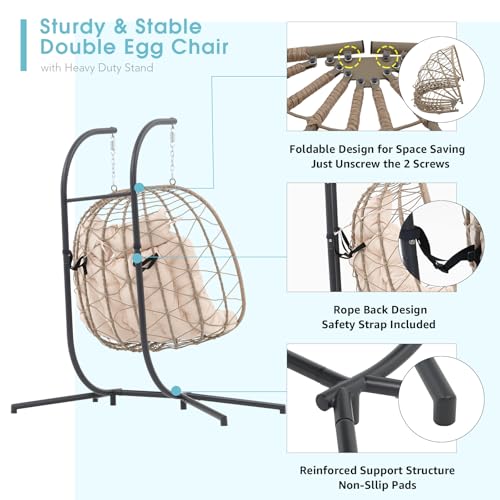 Patiorama 2 Person Double Egg Swing Chair with Stand Indoor Outdoor, Patio Wicker Rattan Hanging Egg Chair w/Cushion, Pillow, Foldable Hammock Chair 550lbs for Bedroom, Balcony, Garden (Beige)