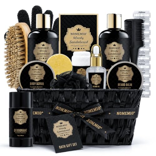 NOMEMIO Luxury Spa Gift Basket for Men, Father's Day Gifts, Sandalwood Bath Gift