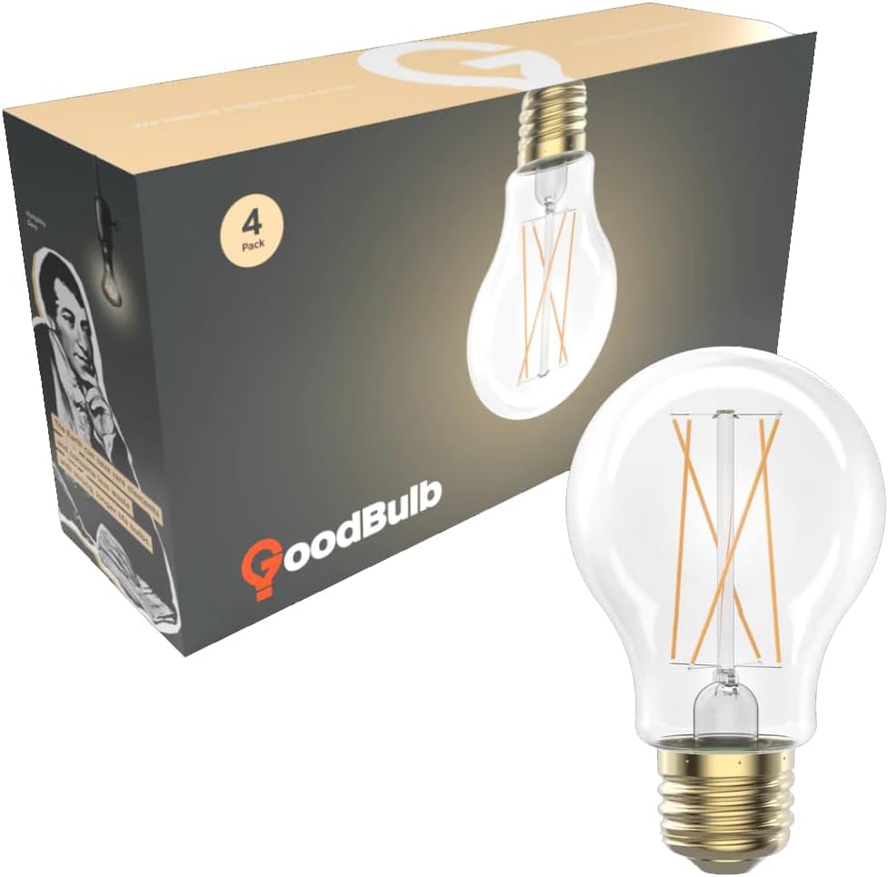 GoodBulb 40 Watt Replacement – 5 Watt Crystal Clear Finsih LED A19 – 90+ High CRI – Soft Incandescent Sparkle – 380 Lumens – 2700 Kelvin – Thick Filament - Long-Lasting 25,000 Hours (4 Pack)